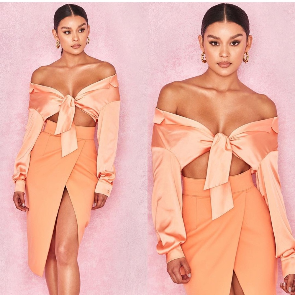 House of CB Meena Satin Tie Front Top Orange